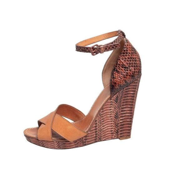 TORY BURCH Brown Leather and Python Platform Wedge Ankle Strap Sandals - Picture 1 of 11